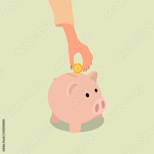 A female hand put a coin into piggy bank for saving. Flat style design vector