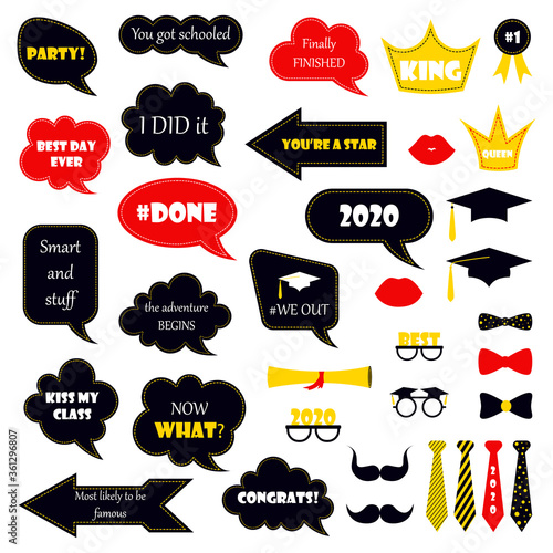 Prom. Invitation tags for the graduation party, graduation party. Photobooth vector set. Congrats grad phrase. Black bubbles with funny quotes. For selfie.