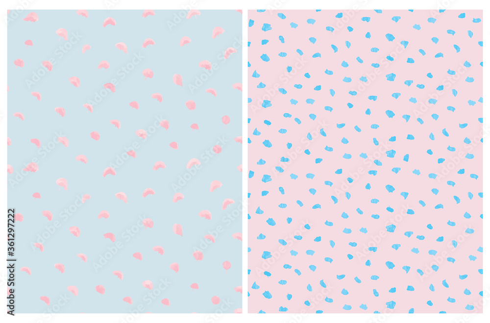 Cute Abstract Spots Vector Pattern. Irregular Brush Daubs on a Light Blue and Pink Backgrounds. Lovely Pastel Color Delicate Layouts. Funny Infantile Style Design.