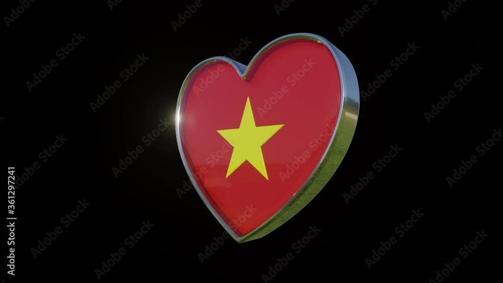Flag of the Vietnam in the shape of 3D heart. Metallic heart with glass and relief elements of the country flag. Animation with alpha channel. Flag of the Vietnam in the shape of 3D heart. Metallic heart with glass and relief elements of the country flag. Animation with alpha channel.