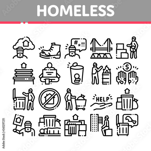 Homeless Beggar People Collection Icons Set Vector. Homelessness And Shoe, Living On Streets Poor Human, Trash And Abandon Concept Linear Pictograms. Monochrome Contour Illustrations