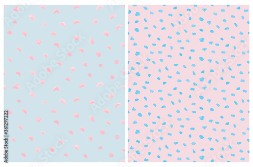 Cute Abstract Spots Vector Pattern. Irregular Brush Daubs on a Light Blue and Pink Backgrounds. Lovely Pastel Color Delicate Layouts. Funny Infantile Style Design.