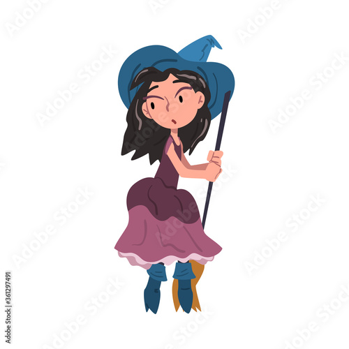 Lovely Girl Witch Standing with Broom, Cute Halloween Cartoon Character Vector Illustration