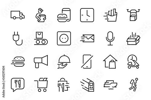PIZZA DELIVERY, and Food Icon Set Vector thin line, contains courier, home delivery, food ordering, fast transport, drone, ship, car, editable stroke. ICONS circuits