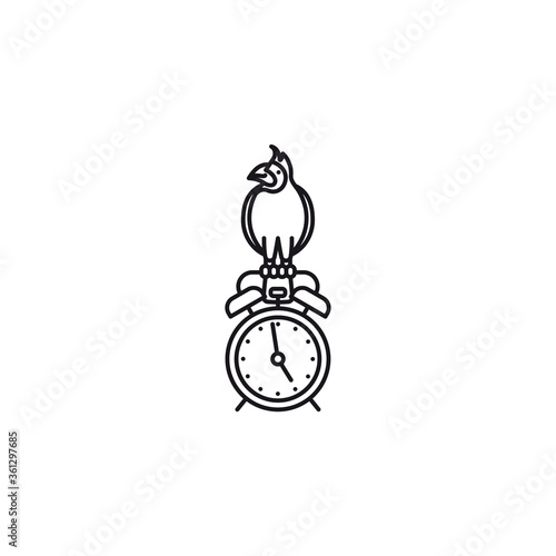 Cardinal bird on alarm clock vector line icon. Early Bird Concept.