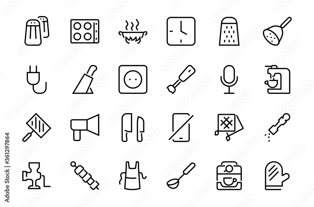 KITCHEN ICON Cooking process, Kitchen tools, Icon set, thin line vector has a blender, oven, knife, grater, barbecue, apron, barbecue, grill, coffee machine, kitchen glove, Editable stroke KITCHEN ICON Cooking process, Kitchen tools, Icon set, thin line vector has a blender, oven, knife, grater, barbecue, apron, barbecue, grill, coffee machine, kitchen glove, Editable stroke