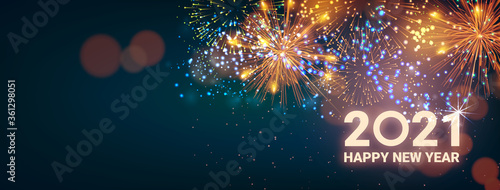 Greeting card Happy New Year 2021. Beautiful Square holiday web banner or billboard with text Happy New Year 2021 on the background of fireworks. - Vector