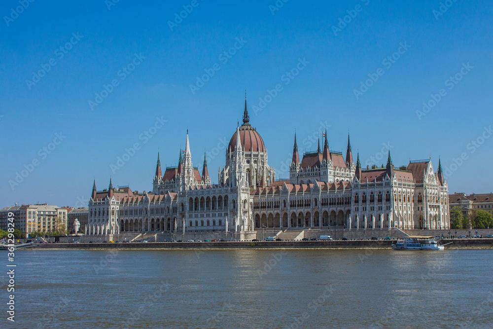 View of the Parliament building in Budapest from the Danube side. Hungary