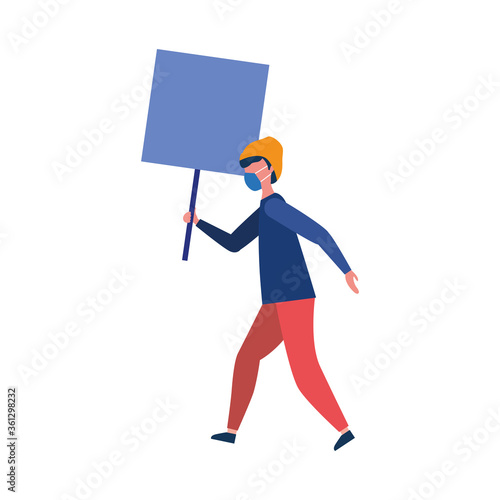 Man with medical mask and banner board vector design