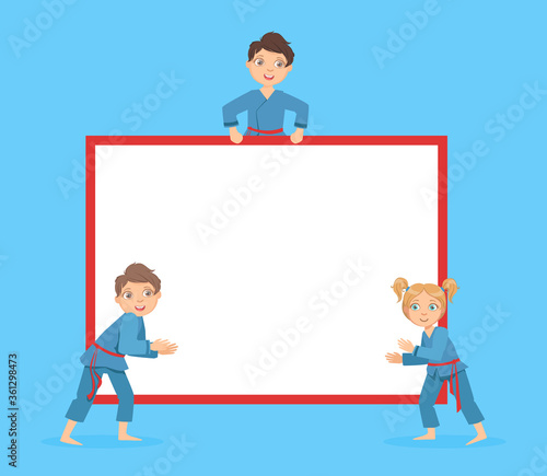 Cute Children Wearing Blue Kimono Standing with Blank Banner, Boys and Girls Practicing Martial Arts Cartoon Vector Illustration