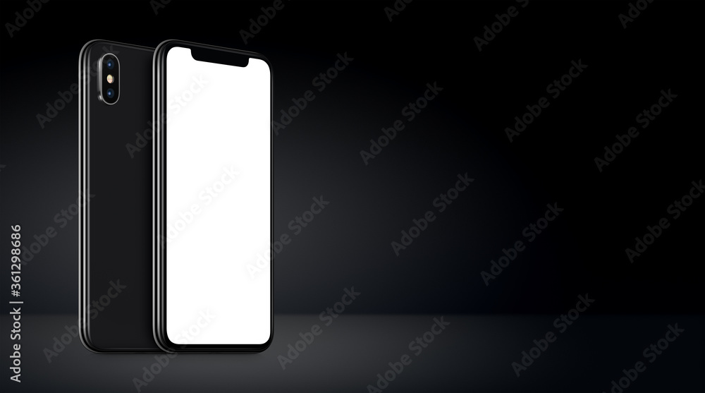 Black rotated smartphone mockup front and back sides on black background. Banner with copy space. Black rotated smartphone mockup front and back sides on black background. Banner with copy space.