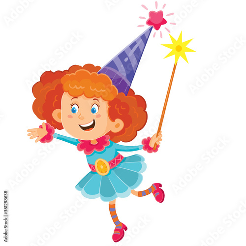 cute fairy with red hair and in a purple cap with a magic wand in hand, delight, amazement, isolated object on a white background, vector illustration,