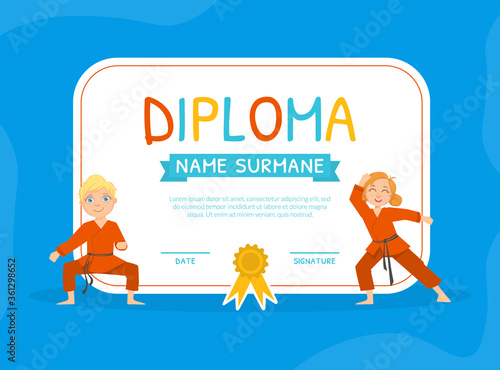 Kids Sports Diploma Template, Martial Arts Certificate Cartoon Vector Illustration