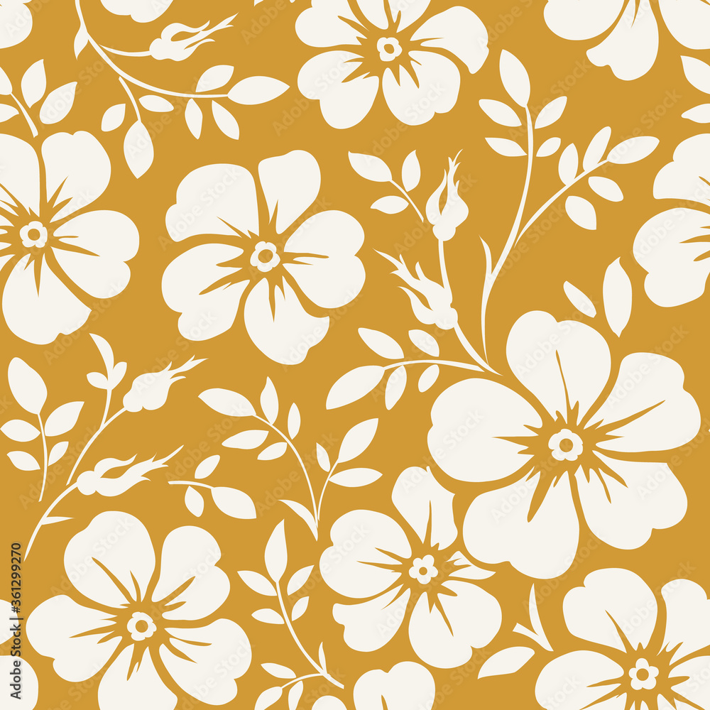 Obraz premium Seamless floral pattern . Wallpaper with wild roses silhouette on yellow background. Vector illustration
