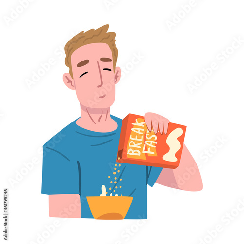 Guy Having Breakfast at Kitchen Table, People Activity Daily Routine Cartoon Style Vector Illustration on White Background