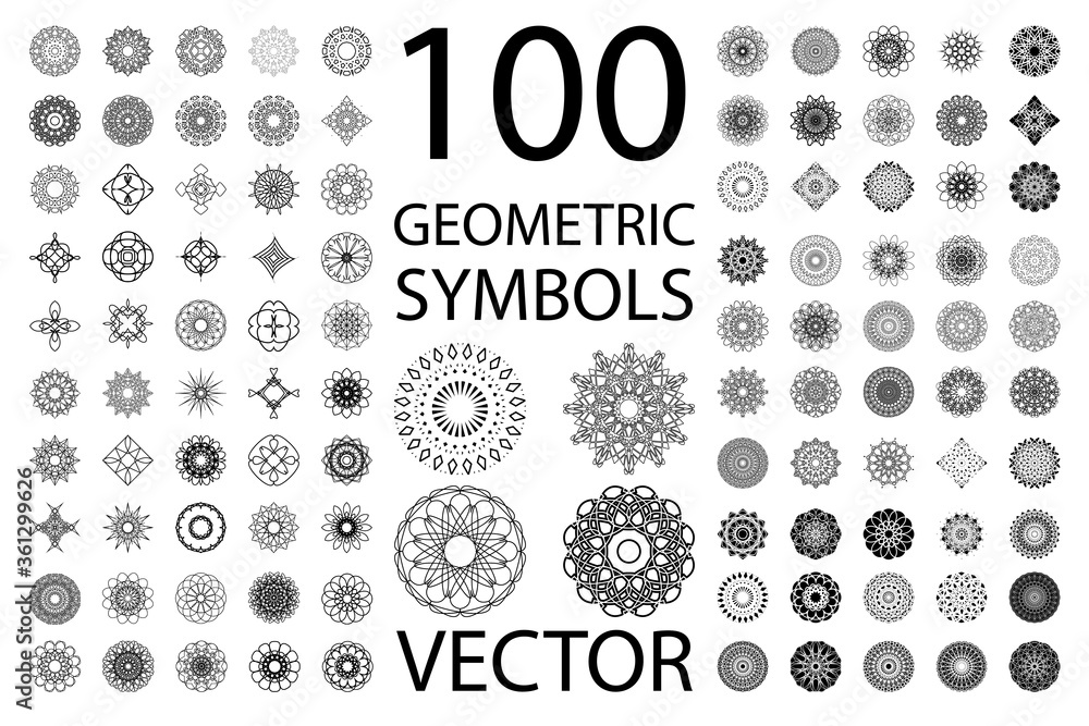 100 GEOMETRIC SYMBOLS. MEGA BUNDLE OF VECTOR SIGNS. ISOLATED ON WHITE. 100 GEOMETRIC SYMBOLS. MEGA BUNDLE OF VECTOR SIGNS. ISOLATED ON WHITE.