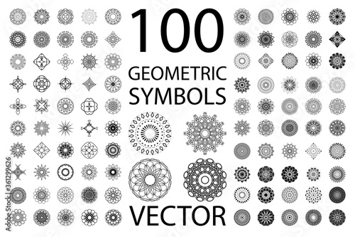100 GEOMETRIC SYMBOLS. MEGA BUNDLE OF VECTOR SIGNS. ISOLATED ON WHITE.