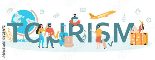 Tourism typographic header concept. Office worker selling tour, cruise