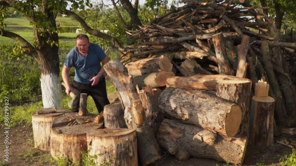 A man is chopping wood. Logging firewood. Slow motion video A man is chopping wood. Logging firewood. Slow motion video