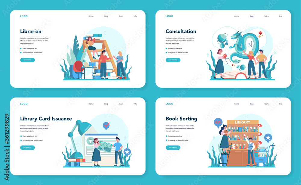 Librarian web banner or landing page set. Library staff holding Librarian web banner or landing page set. Library staff holding