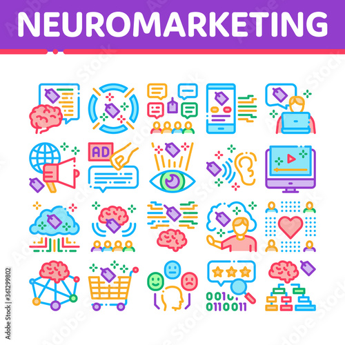 Neuromarketing Business Strategy Icons Set Vector. Neuromarketing Technology And Research Binary Code, Worldwide Marketing And Buy Cart Concept Linear Pictograms. Color Illustrations