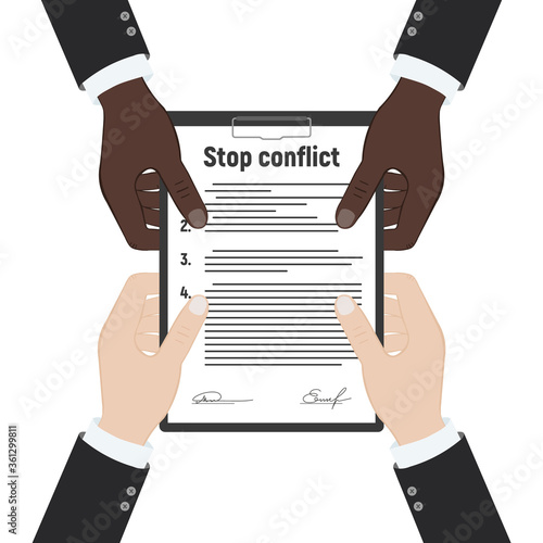 Stop conflict. Businessman referee finds compromise. Conflict and solution. Vector illustration flat design. Isolated on white background.