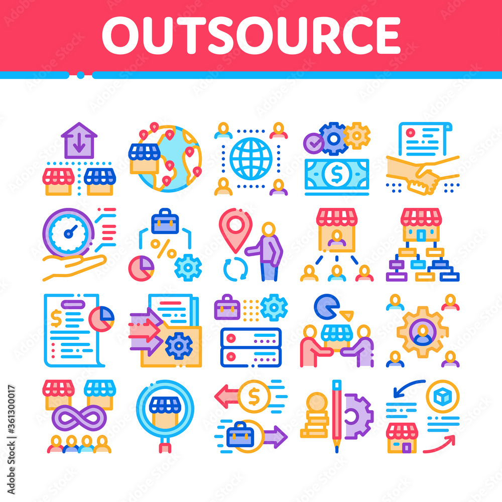 Outsource Management Collection Icons Set Vector. Outsource Team And World Business Process, Agreement Document And Job Payment Concept Linear Pictograms. Color Illustrations
