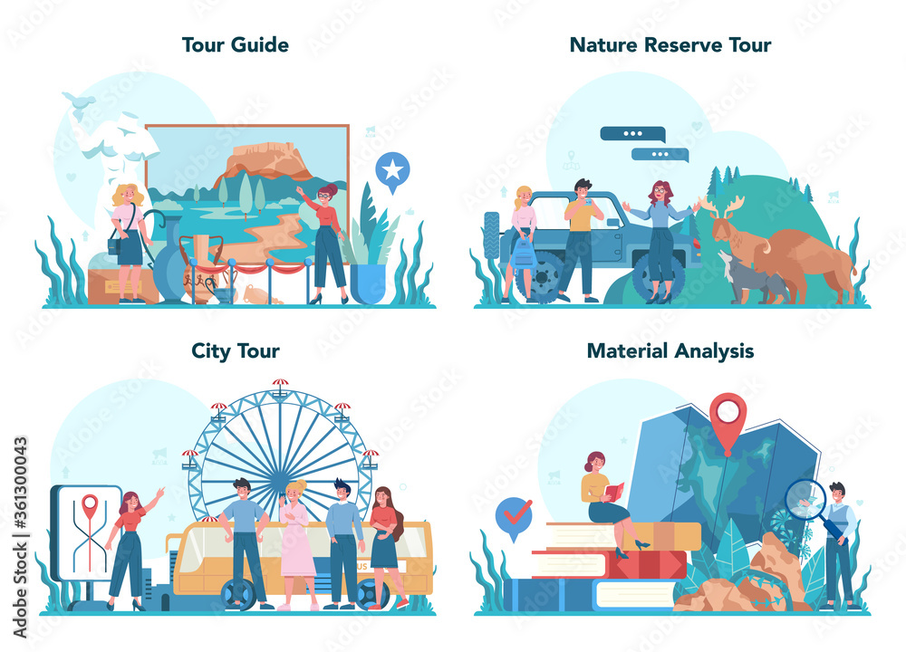 Tour vacation guide concept set. Tourists listening to the history