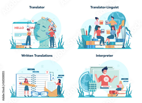 Translator and translation service concept set. Polyglot translating