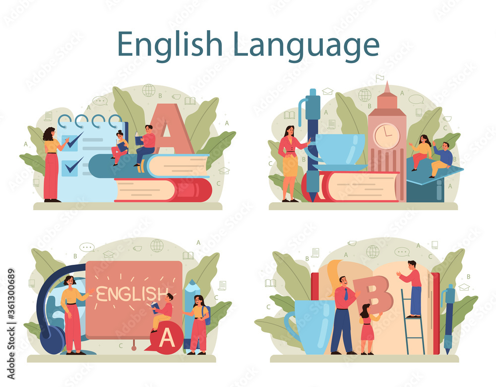 English course concept set. Study foreign languages in school or English course concept set. Study foreign languages in school or