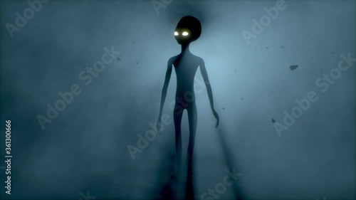 Scary gray alien walks and looks blinking on a dark smoky background. UFO futuristic concept. 3D rendering. photo