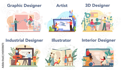 Designer concept set. Graphic, 3d, interior, industrial designer,
