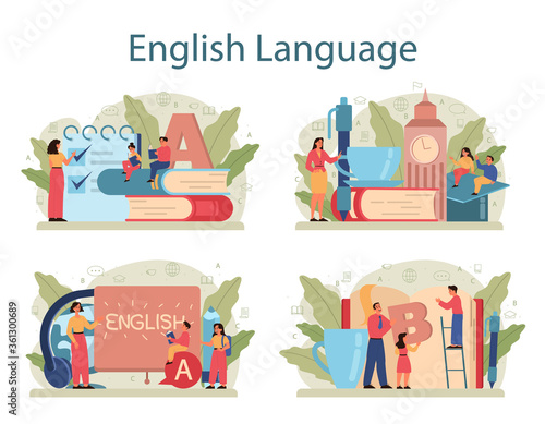 English course concept set. Study foreign languages in school or