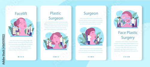 Plastic surgeon mobile application banner set. Idea of body and face