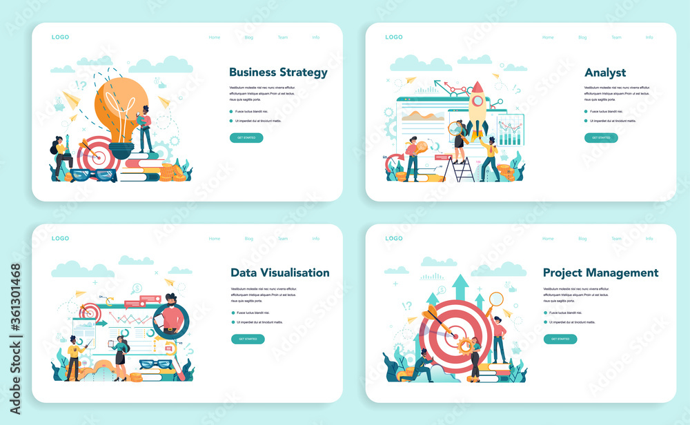Business analyst web banner or landing page set. Business strategy