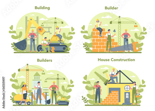 House building concept. Workers constructing home with tools