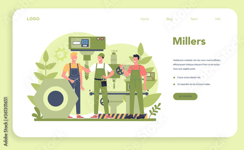 Miller and milling web banner or landing page. Engineer drilling metal