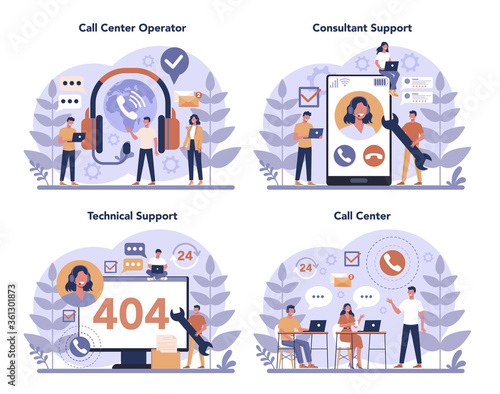 Call center or technical support concept set. Idea of customer service.