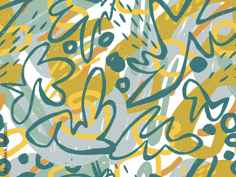 Naklejka premium Seamless abstract doodle background pattern in bright summer positive colors. Hand-drawn abstract pattern with randomly arranged spots and dots and lines. Pencil and paint texture.