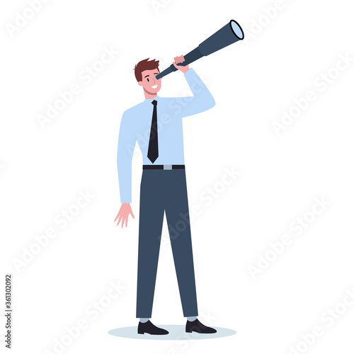 Business person in formal office clothes holding a telescope.