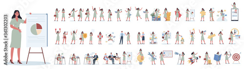 Set of business woman or office worker character with various poses