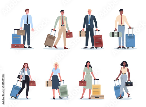 Business people having a business trip set. Female and male character
