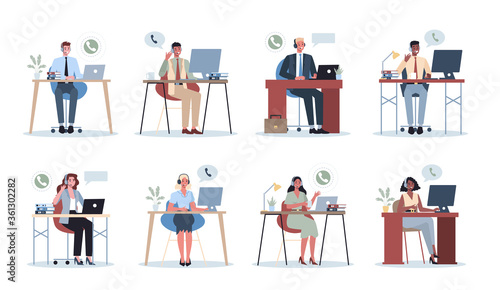 Business people with headphone. Call center office concept. Female