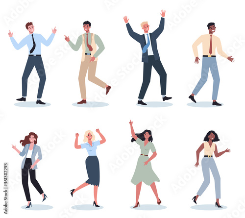 Office worker dancing set. Collection of business people in suit