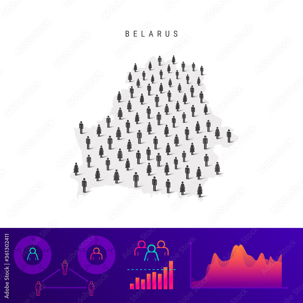 Belarusian people map. Detailed vector silhouette. Mixed crowd of men and women. Population infographic elements