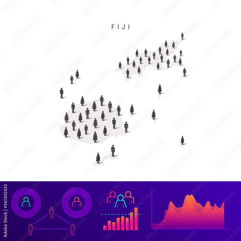 Fiji people map. Detailed vector silhouette. Mixed crowd of men and women. Population infographic elements Fiji people map. Detailed vector silhouette. Mixed crowd of men and women. Population infographic elements