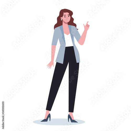 Business character pointing up something. Female business worker