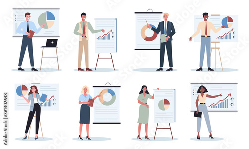 Business character making presentation in front of group of co-worker