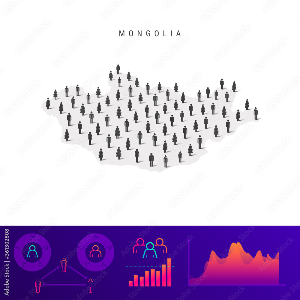Mongolia people map. Detailed vector silhouette. Mixed crowd of men and women. Population infographic elements Mongolia people map. Detailed vector silhouette. Mixed crowd of men and women. Population infographic elements