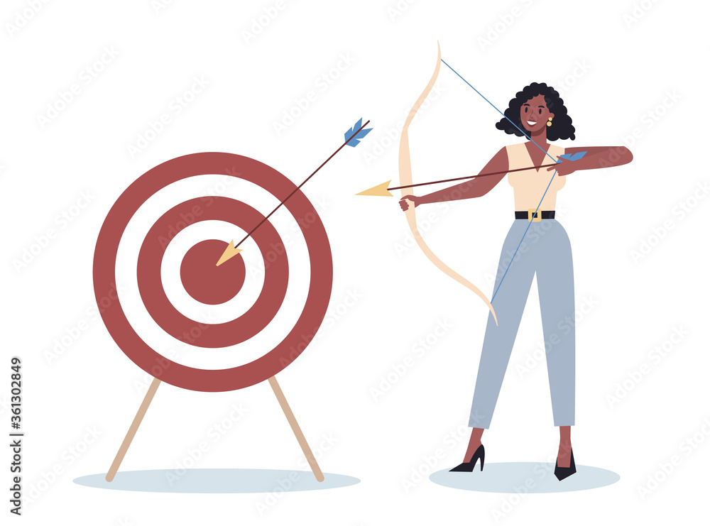 Business character aiming in target and shooting with arrow. Employee Business character aiming in target and shooting with arrow. Employee